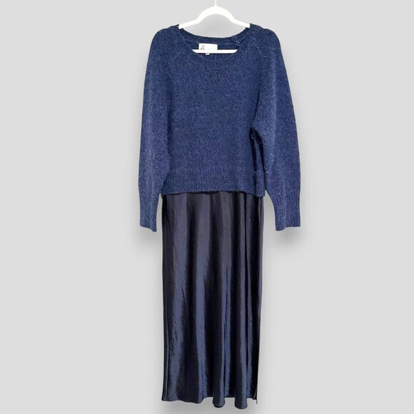 DH New York Women's Sweater Dress Combo Wool Blend Fuzzy Top Midi Satin Size Lrg - Picture 1 of 7
